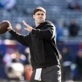 New York Giants quarterback Daniel Jones winds up to throw.