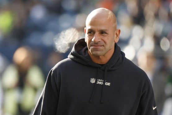New York Jets head coach Robert Saleh stares.