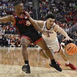 San Diego State Aztecs guard Lamont Butler plays defense.