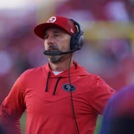 San Francisco 49ers head coach Kyle Shanahan reacts.