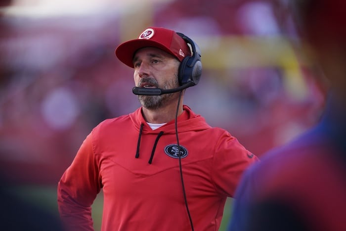 San Francisco 49ers head coach Kyle Shanahan reacts.