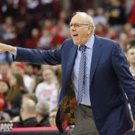 Syracuse Orange head coach Jim Boeheim points.
