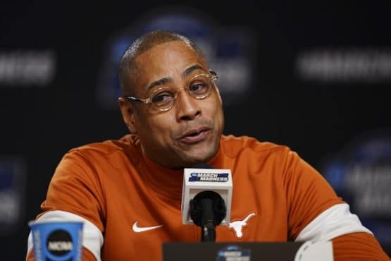 Texas Longhorns interim head coach Rodney Terry at the podium.