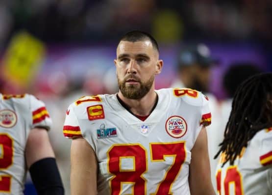 Kansas City Chiefs tight end Travis Kelce stands and stares.