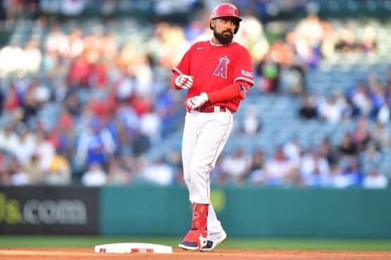 Los Angeles Angels third baseman Anthony Rendon stands on a base.