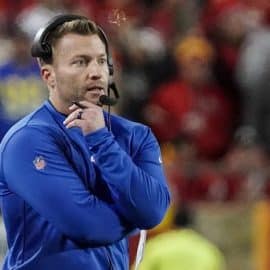 Los Angeles Rams head coach Sean McVay stares and thinks.