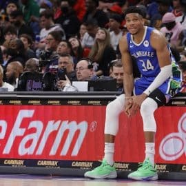 Milwaukee Bucks forward Giannis Antetokounmpo sits down.