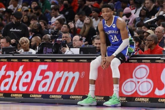 Milwaukee Bucks forward Giannis Antetokounmpo sits down.