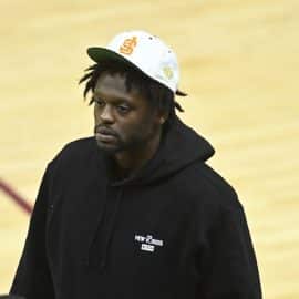 New York Knicks forward Julius Randle walks off the court.