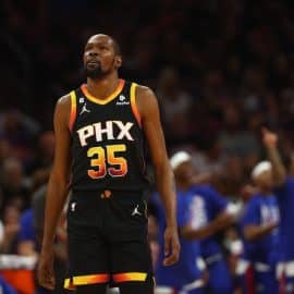 Kevin Durant walks on the court.