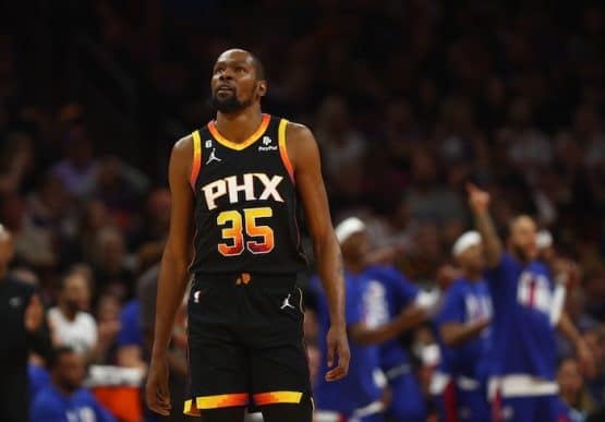 Kevin Durant walks on the court.