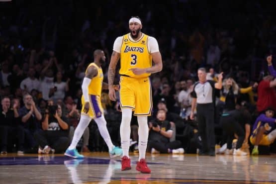 Los Angeles Lakers forward Anthony Davis walks up the court.
