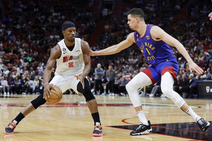 Miami Heat forward Jimmy Butler dribbles