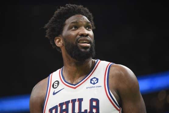 Philadelphia 76ers center Joel Embiid stares.