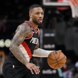 Portland Trail Blazers guard Damian Lillard (0) controls the ball