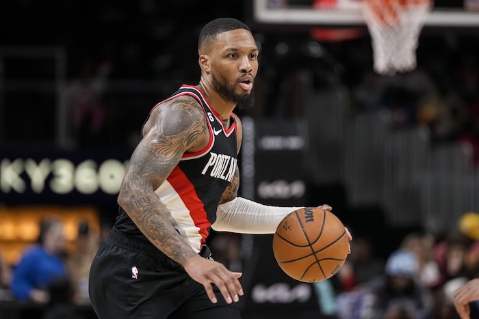 Portland Trail Blazers guard Damian Lillard (0) controls the ball