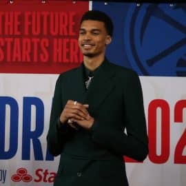 Victor Wembanyama arrives for the first round of the 2023 NBA Draft