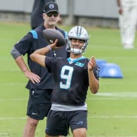 Carolina Panthers head coach Frank Reich watches quarterback Bryce Young