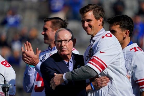 New York Giants former head coach Tom Coughlin and quarterback Eli Manning