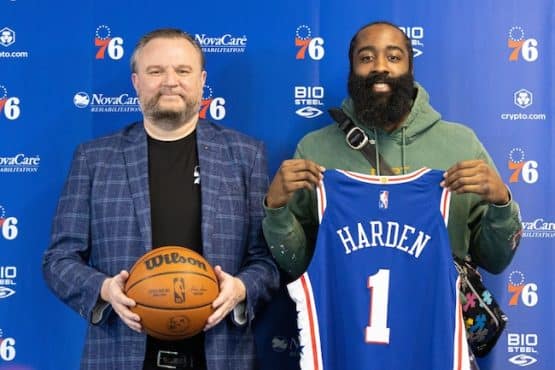 Philadelphia 76ers guard James Harden and president of basketball operations Daryl Morey
