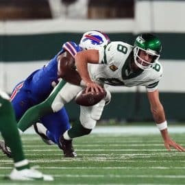 Buffalo Bills defensive end Leonard Floyd (56) sacks New York Jets quarterback Aaron Rodgers