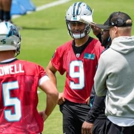 carolina panthers off. cooridnator thomas brown speaks to bryce young (1)