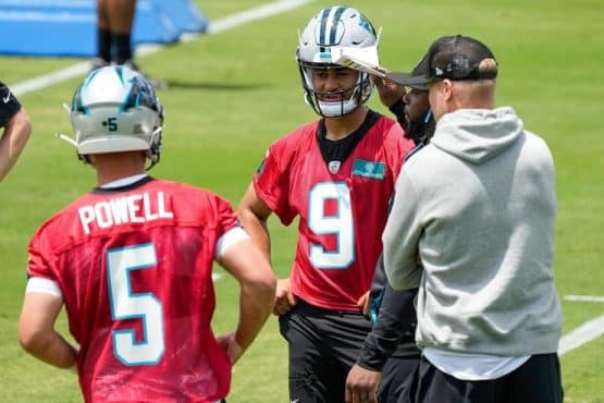 carolina panthers off. cooridnator thomas brown speaks to bryce young (1)