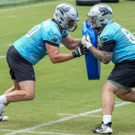 panthers Brady Christensen in blocking drill (1)