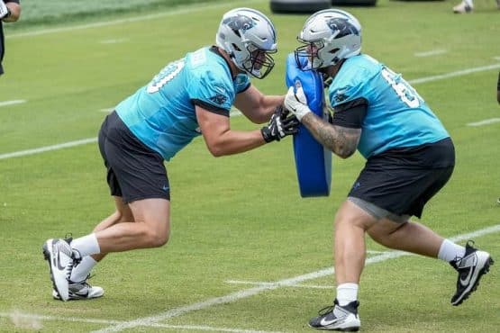 panthers Brady Christensen in blocking drill (1)