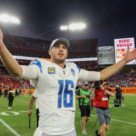 Detroit Lions quarterback Jared Goff (16) celebrates