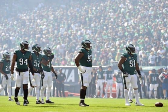 Philadelphia Eagles defensive end Josh Sweat (94), defensive tackle Jalen Carter