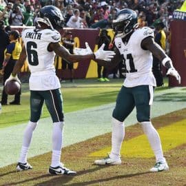 Philadelphia Eagles wide receiver DeVonta Smith (6) celebrates with wide receiver A.J. Brown
