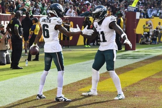 Philadelphia Eagles wide receiver DeVonta Smith (6) celebrates with wide receiver A.J. Brown