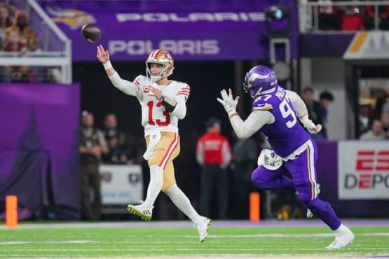 San Francisco 49ers quarterback Brock Purdy (13) passes