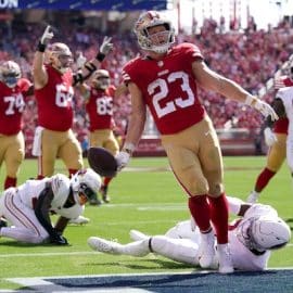 QB: Josh Allen, Buffalo Bills RB: Christian McCaffrey, San Francisco 49ers WR: Nico Collins, Houston Texans WR: Brandon Aiyuk, San Francisco 49ers TE: Mark Andrews, Baltimore Ravens Flex: WR A.J. Brown, Philadelphia Eagles LT: Trent Williams, San Francisco 49ers LG: Tyler Smith, Dallas Cowboys C: Jason Kelce, Philadelphia Eagles RG: Chris Lindstrom, Atlanta Falcons RT: Braden Smith, Indianapolis Colts EDGE: Maxx Crosby, Las Vegas Raiders EDGE: Khalil Mack, Los Angeles Chargers DI: DaQuan Jones, Buffalo Bills DI: Aaron Donald, Los Angeles Rams LB: Nicholas Morrow, Philadelphia Eagles LB: Christian Harris, Houston Texans CB: DaRon Bland, Dallas Cowboys CB: Darious Williams, Jacksonville Jaguars S: Antoine Winfield Jr., Tampa Bay Buccaneers S: Tre'von Moehrig, Las Vegas Raiders Flex: CB Arthur Maulet, Baltimore Ravens K: Jake Elliott, Philadelphia Eagles P: Bradley Pinion, Atlanta Falcons San Francisco 49ers running back Christian McCaffrey