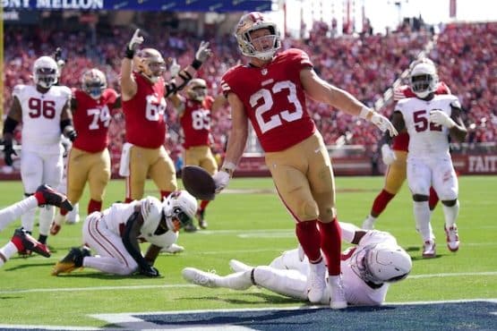 QB: Josh Allen, Buffalo Bills RB: Christian McCaffrey, San Francisco 49ers WR: Nico Collins, Houston Texans WR: Brandon Aiyuk, San Francisco 49ers TE: Mark Andrews, Baltimore Ravens Flex: WR A.J. Brown, Philadelphia Eagles LT: Trent Williams, San Francisco 49ers LG: Tyler Smith, Dallas Cowboys C: Jason Kelce, Philadelphia Eagles RG: Chris Lindstrom, Atlanta Falcons RT: Braden Smith, Indianapolis Colts EDGE: Maxx Crosby, Las Vegas Raiders EDGE: Khalil Mack, Los Angeles Chargers DI: DaQuan Jones, Buffalo Bills DI: Aaron Donald, Los Angeles Rams LB: Nicholas Morrow, Philadelphia Eagles LB: Christian Harris, Houston Texans CB: DaRon Bland, Dallas Cowboys CB: Darious Williams, Jacksonville Jaguars S: Antoine Winfield Jr., Tampa Bay Buccaneers S: Tre'von Moehrig, Las Vegas Raiders Flex: CB Arthur Maulet, Baltimore Ravens K: Jake Elliott, Philadelphia Eagles P: Bradley Pinion, Atlanta Falcons San Francisco 49ers running back Christian McCaffrey