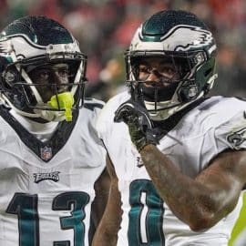 Philadelphia Eagles running back D'Andre Swift (0) celebrates toward fans