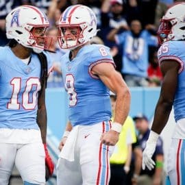 Tennessee Titans quarterback Will Levis (8) reacts after wide receiver DeAndre Hopkins (10) received a pass