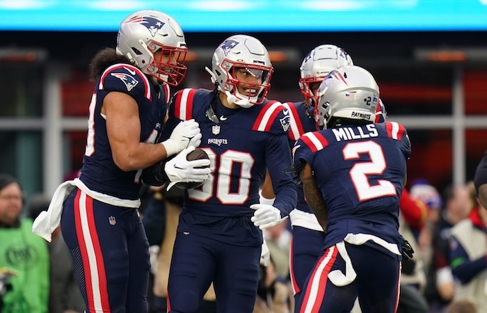 New England Patriots linebacker Marte Mapu (30) reacts after intercepting a pass intended for Kansas City Chiefs