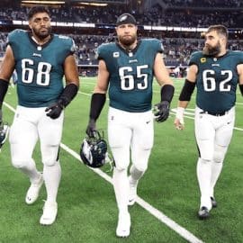Philadelphia Eagles offensive tackle Jordan Mailata (68) and offensive tackle Lane Johnson (65)