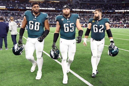 Philadelphia Eagles offensive tackle Jordan Mailata (68) and offensive tackle Lane Johnson (65)