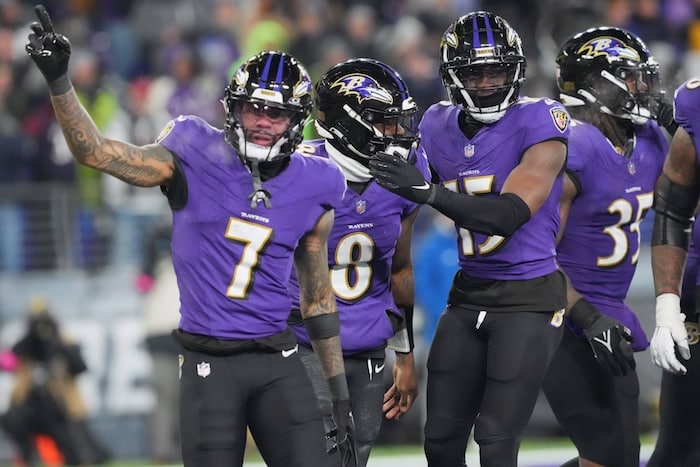 Baltimore Ravens quarterback Lamar Jackson (8) celebrates with wide receiver Rashod Bateman (7)