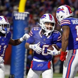 Buffalo Bills wide receiver Khalil Shakir (10) celebrates his touchdown catch