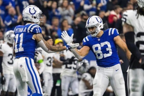 Indianapolis Colts wide receiver Michael Pittman Jr. (11) and tight end Kylen Granson (83)