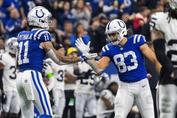 Indianapolis Colts wide receiver Michael Pittman Jr. (11) and tight end Kylen Granson (83)
