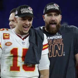 ; Kansas City Chiefs quarterback Patrick Mahomes (15) and Chiefs tight end Travis Kelce (R)