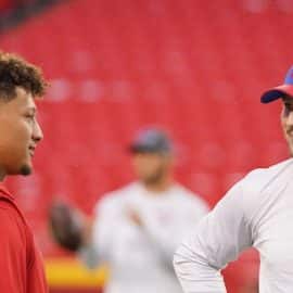 Kansas City Chiefs quarterback Patrick Mahomes (15) talks with Buffalo Bills quarterback Josh Allen (17)