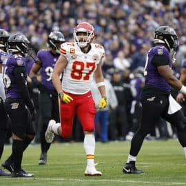 Kansas City Chiefs tight end Travis Kelce (87) celebrates after scoring a touchdown against the Baltimore Ravens