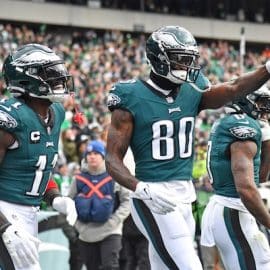 Philadelphia Eagles wide receiver Julio Jones (80) celebrates his 12-yard touchdown