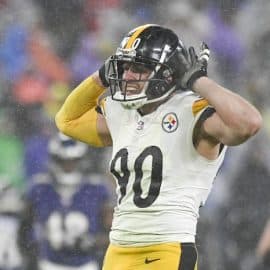Pittsburgh Steelers linebacker T.J. Watt (90) reacts after sacking Baltimore Ravens quarterback Tyler Huntley